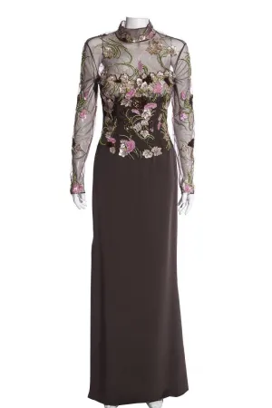 Reem Acra Grey Multi Color Sequin Floral Evening Gown SZ S/M