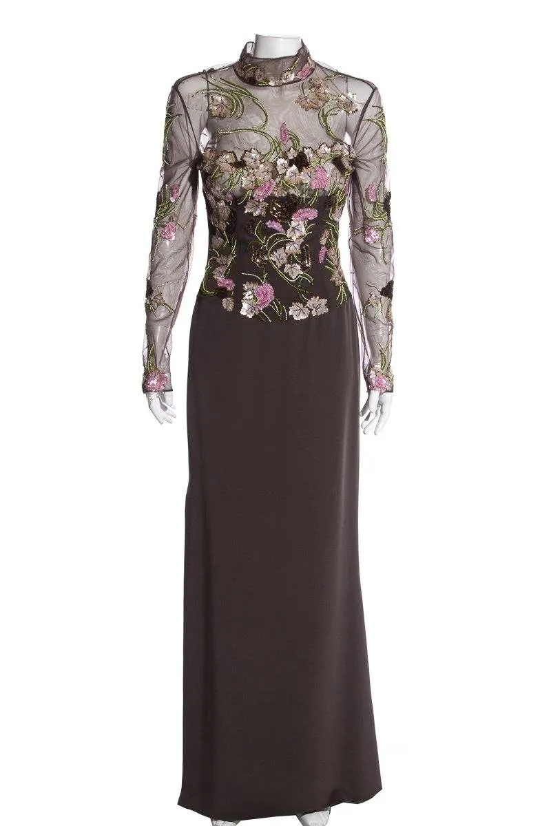 Reem Acra Grey Multi Color Sequin Floral Evening Gown SZ S/M