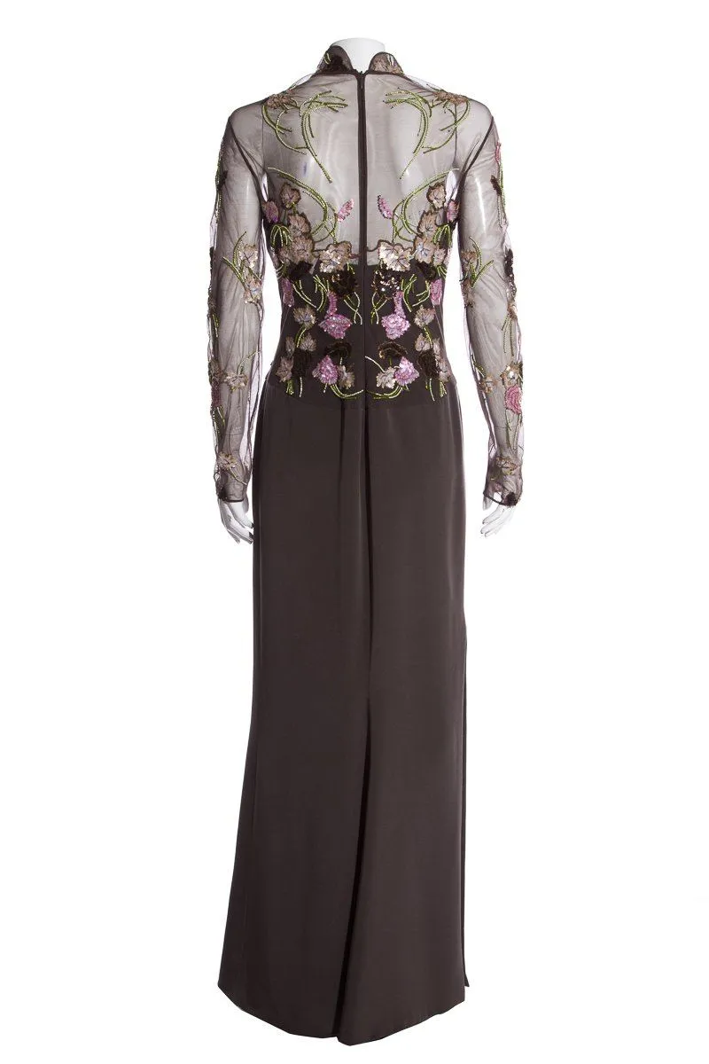Reem Acra Grey Multi Color Sequin Floral Evening Gown SZ S/M