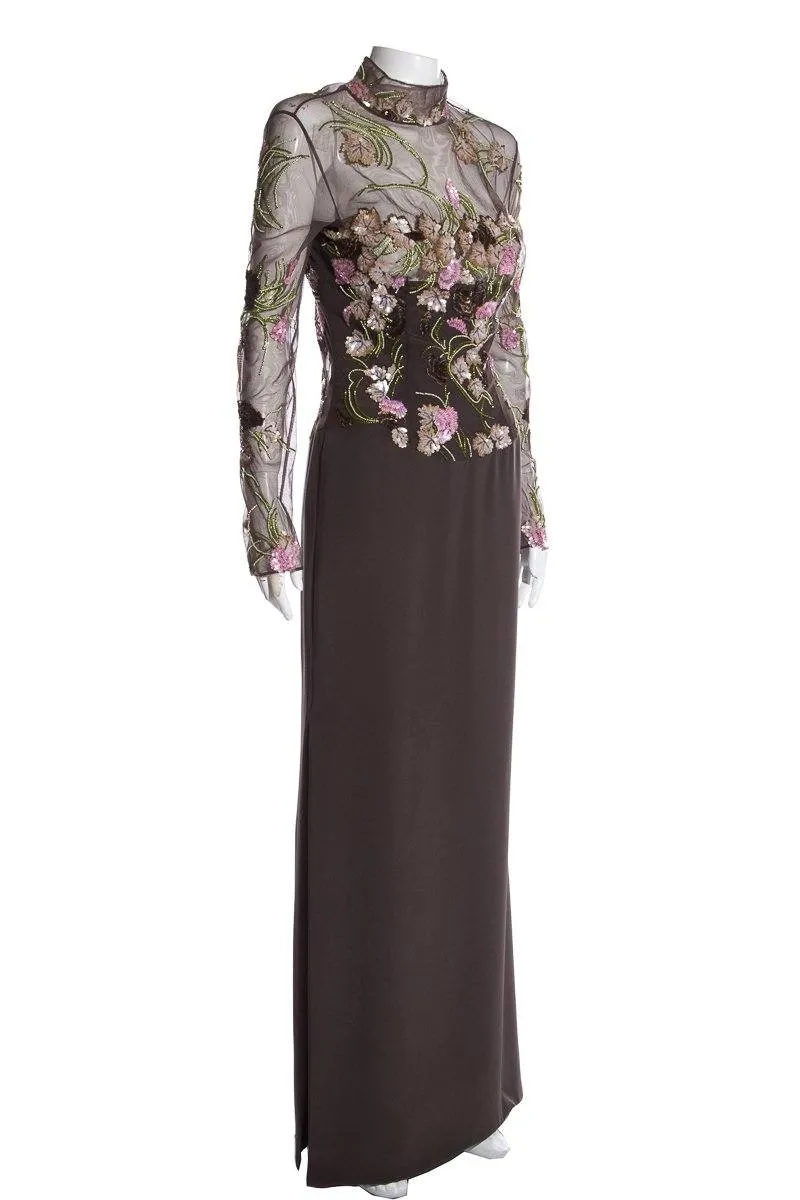 Reem Acra Grey Multi Color Sequin Floral Evening Gown SZ S/M