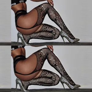 Rhinestone Star Pattern Cut Out Fishnet Stockings