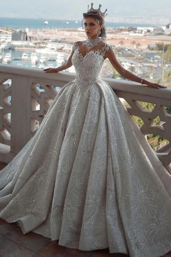 Romantic Sequined Pattern A line Wedding Dress V Neck Sleeveless Crystal Gowns