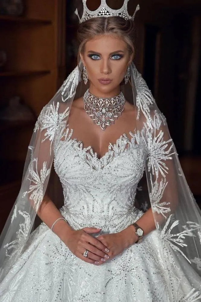 Romantic Sequined Pattern A line Wedding Dress V Neck Sleeveless Crystal Gowns