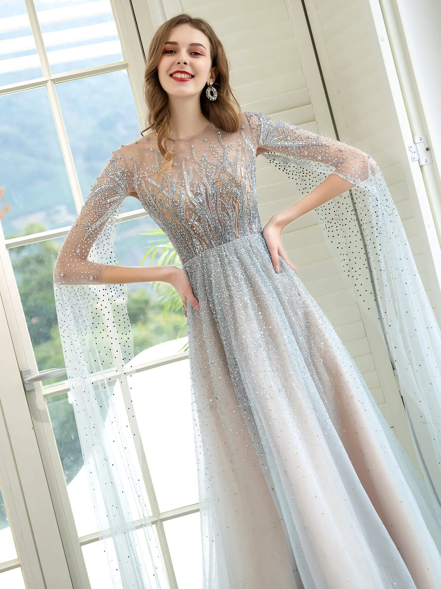 Roycebridal A-Line Luxurious Glittering Fairy Sexy Formal Evening Dresses Long Sleeve Floor Length