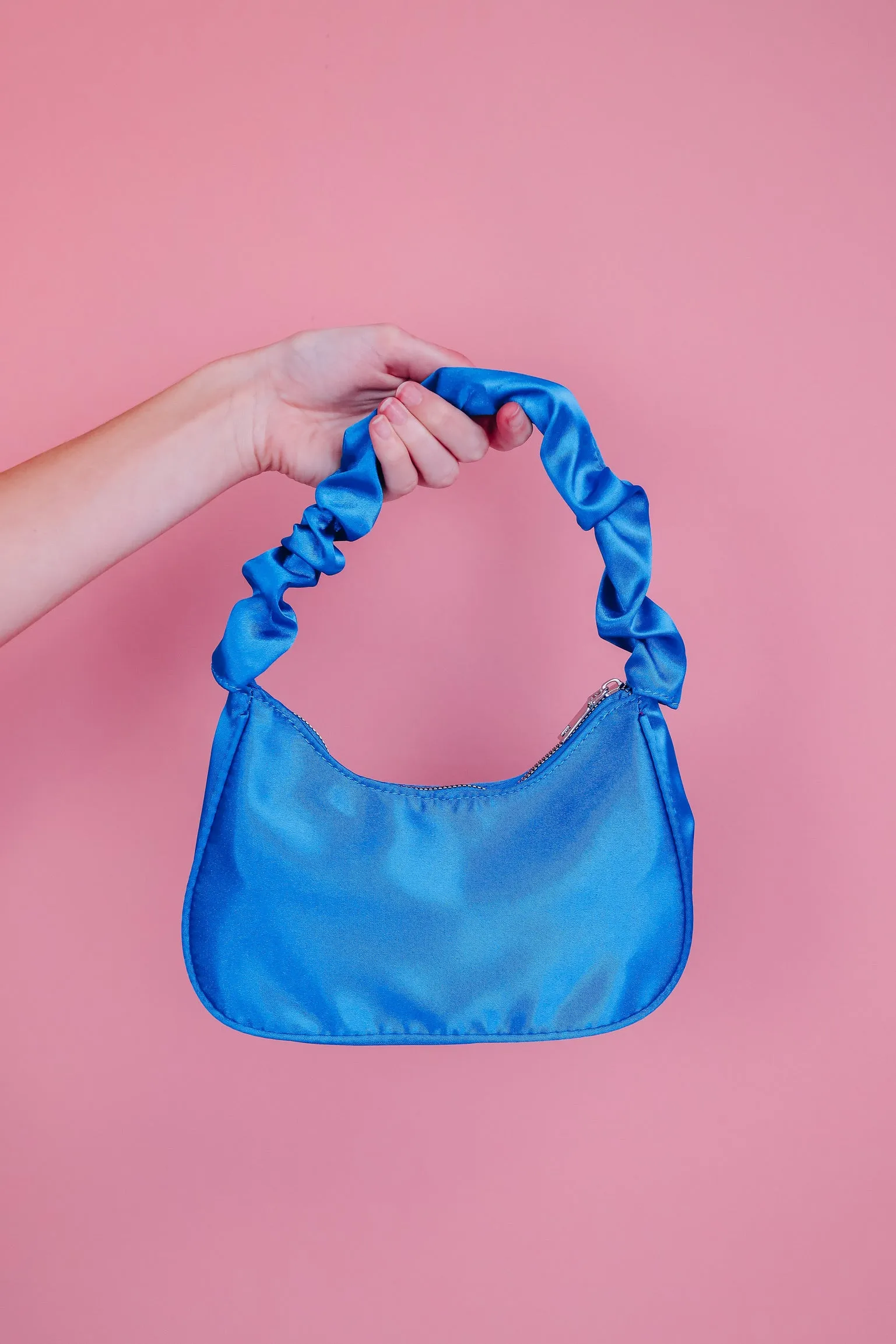 Ruched Handle Satin Shoulder Bag - Blue