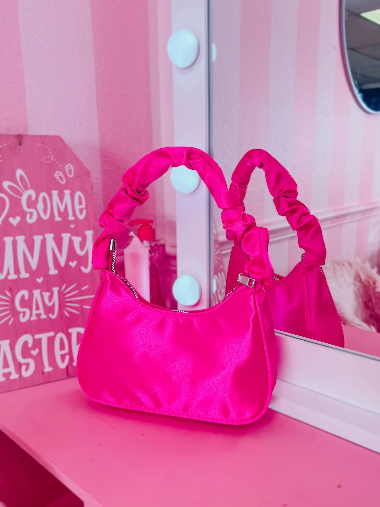Ruched Handle Satin Shoulder Bag - Neon Pink