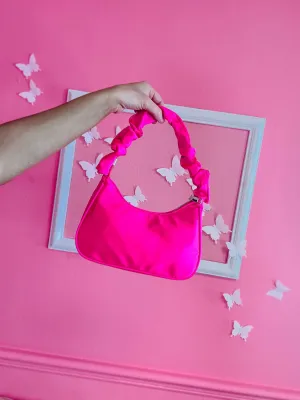 Ruched Handle Satin Shoulder Bag - Neon Pink