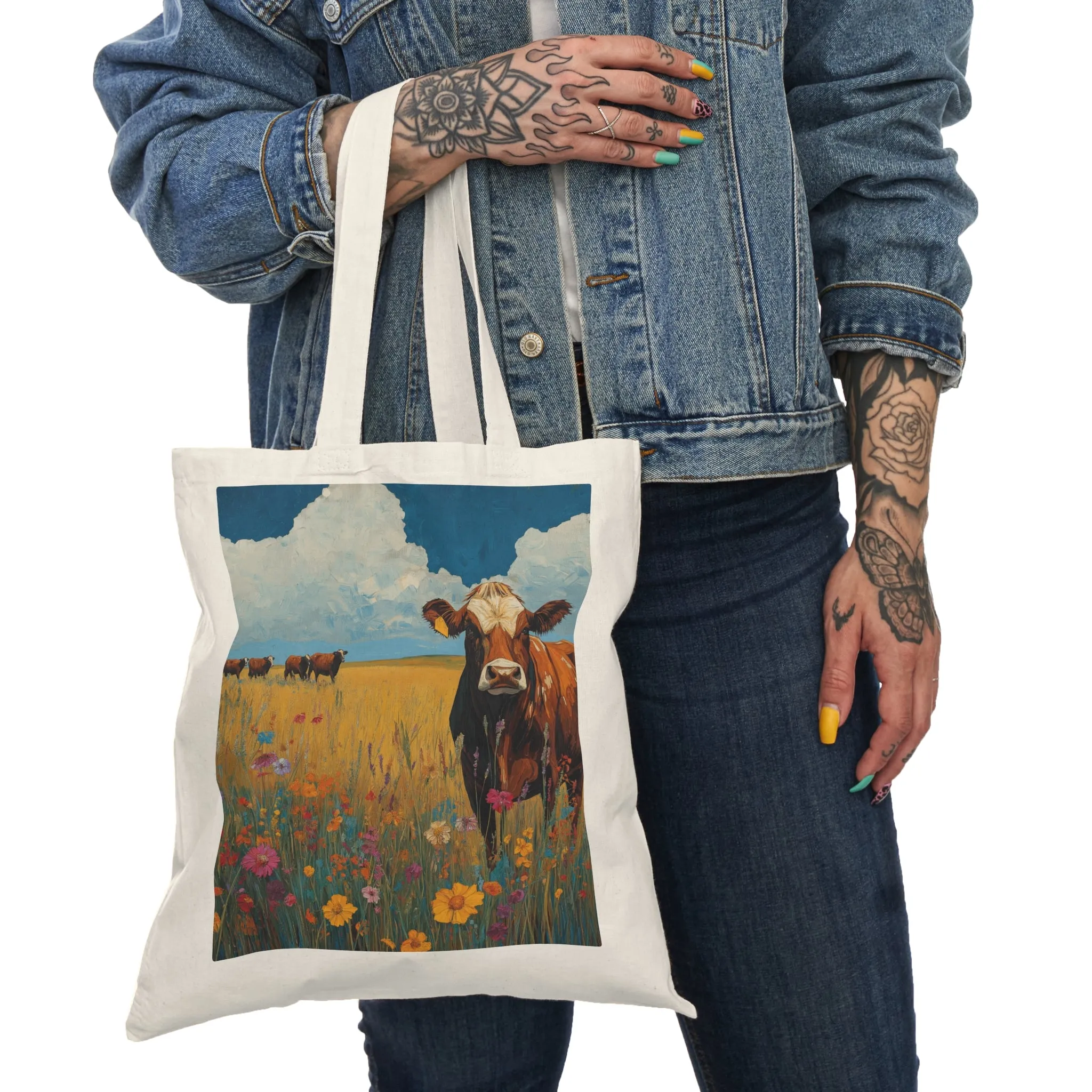 Rustic Cow Print Natural Tote Bag - Eco-Friendly Shopping & Everyday Use
