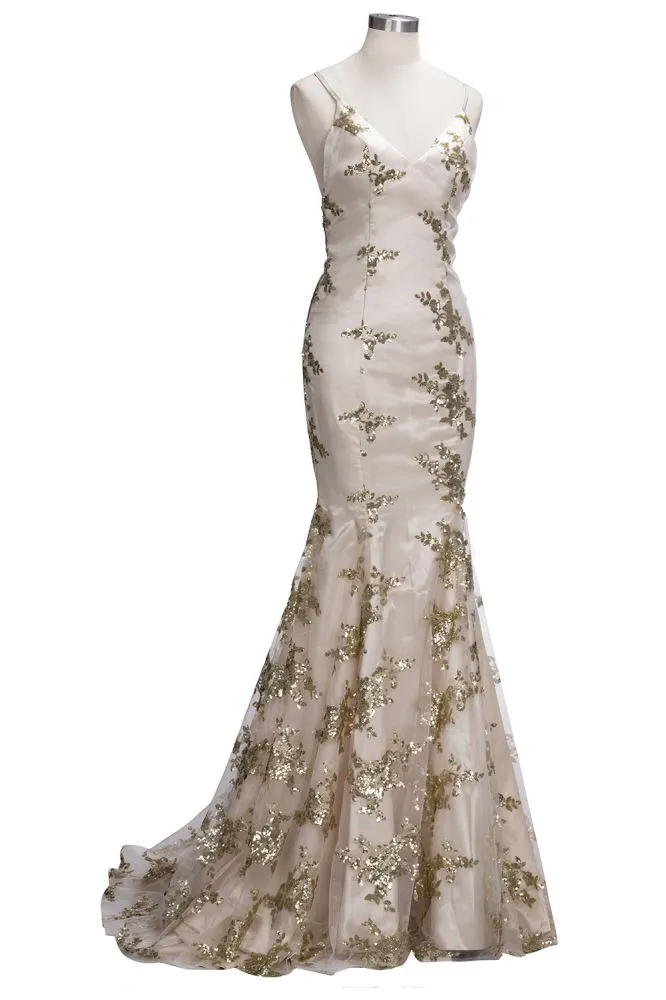 SAGE Mermaid V-neck Spaghetti Floor-length Crystal Beads Prom Dresses