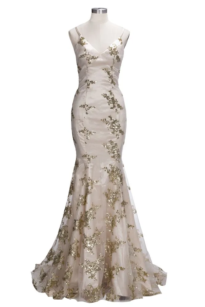 SAGE Mermaid V-neck Spaghetti Floor-length Crystal Beads Prom Dresses