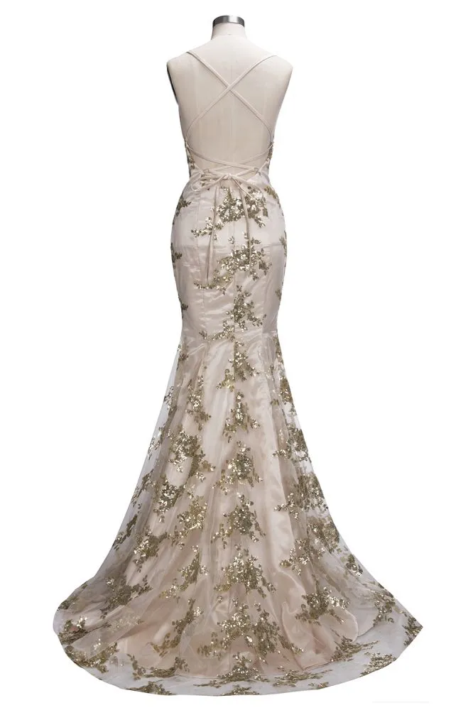 SAGE Mermaid V-neck Spaghetti Floor-length Crystal Beads Prom Dresses