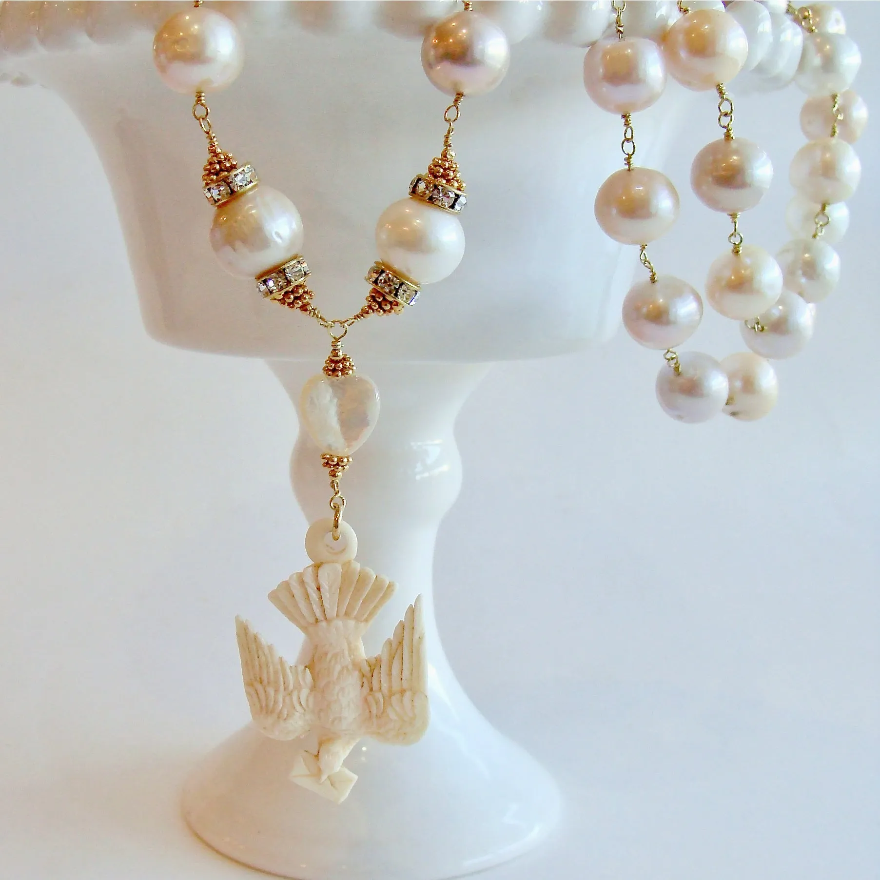 Saint Esprit Dove With Love Note Natural Pink Peach Baroque Cultured Pearls - Le Messenger de l’Amour