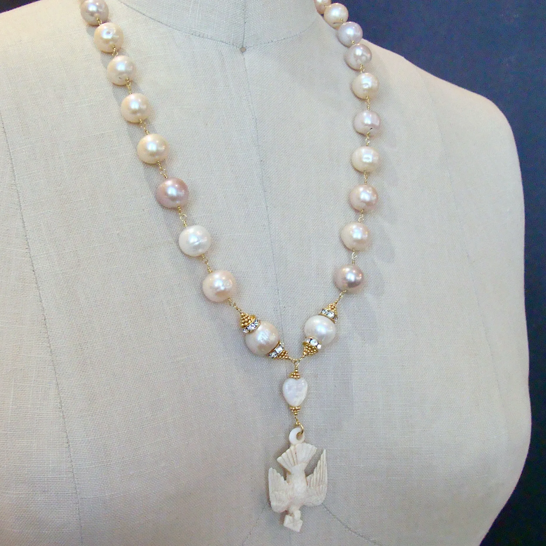 Saint Esprit Dove With Love Note Natural Pink Peach Baroque Cultured Pearls - Le Messenger de l’Amour