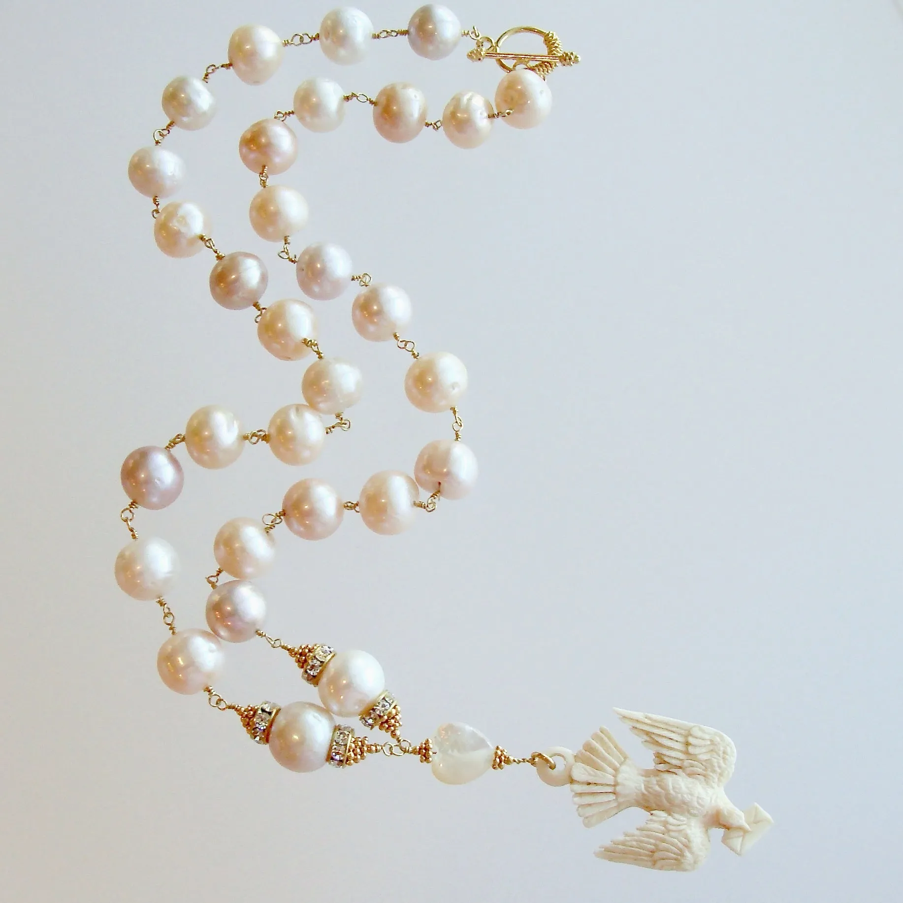 Saint Esprit Dove With Love Note Natural Pink Peach Baroque Cultured Pearls - Le Messenger de l’Amour