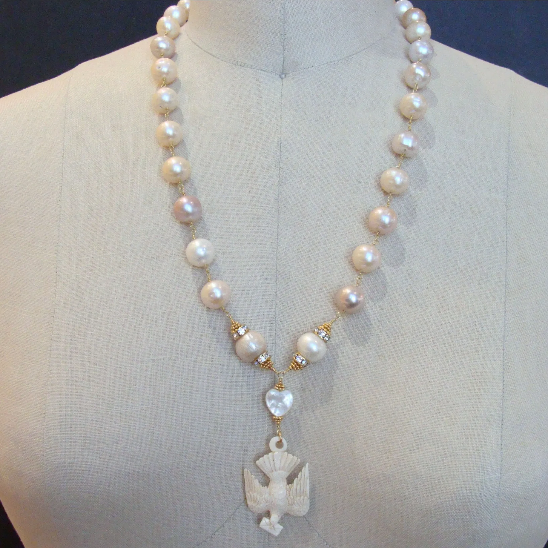 Saint Esprit Dove With Love Note Natural Pink Peach Baroque Cultured Pearls - Le Messenger de l’Amour