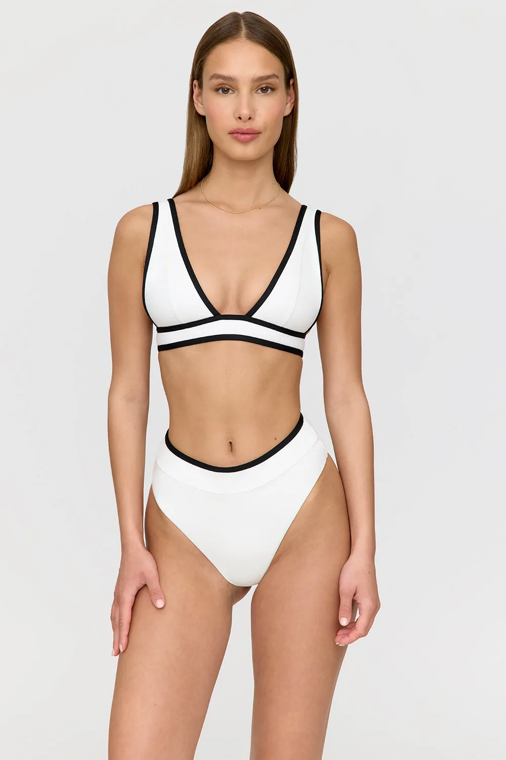 SAINT TROPEZ CONTRAST TRIM PLUNGE NECK BIKINI TOP - COCONUT MILK AND SHADOW BLACK