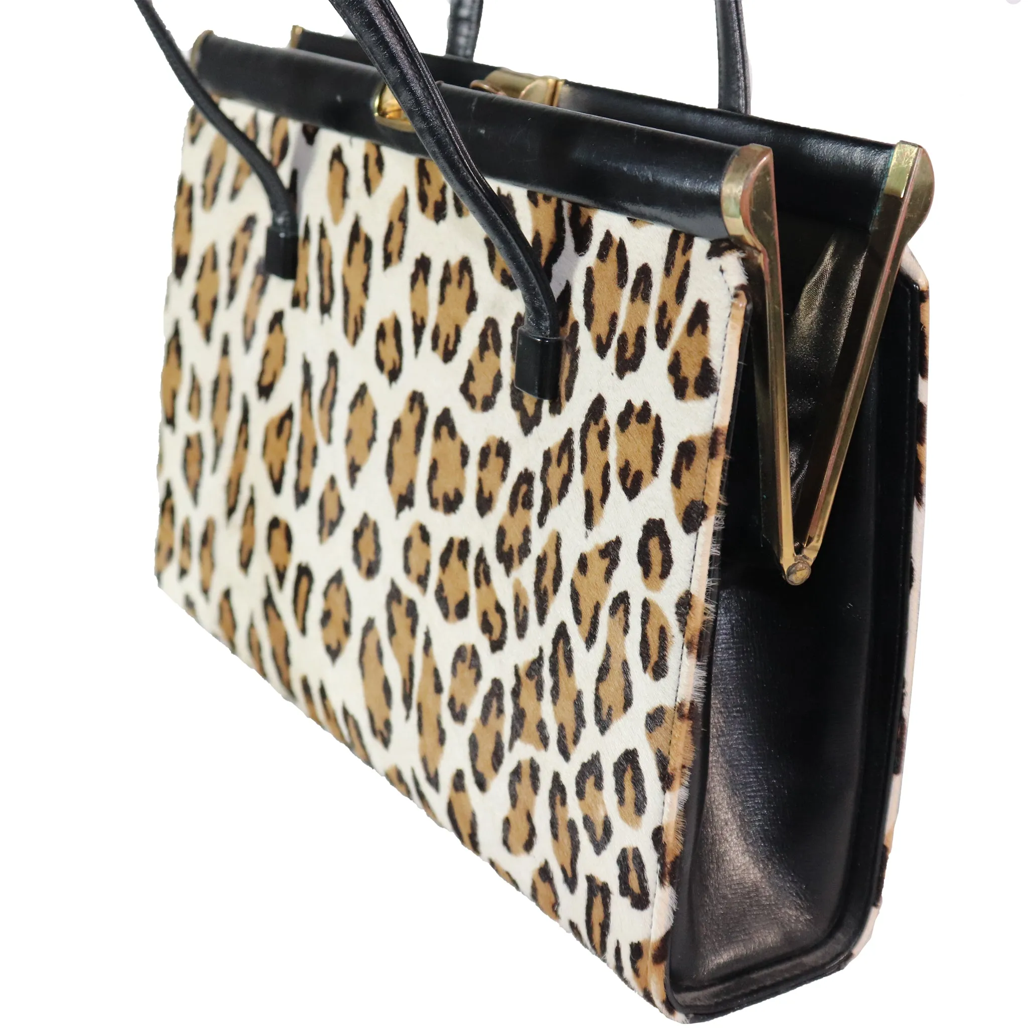 Saks Fifth Ave Leopard Motif Stenciled Pony-Hair Handbag Straps Circa 1960s