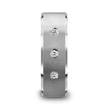 SAMUEL Satin Finish Tungsten Carbide Wedding Ring with 3 White Diamond Setting and Beveled Edges