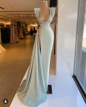 satin simple evening dresses vestidos de fiesta lace applique elegant mermaid blue formal evening gown