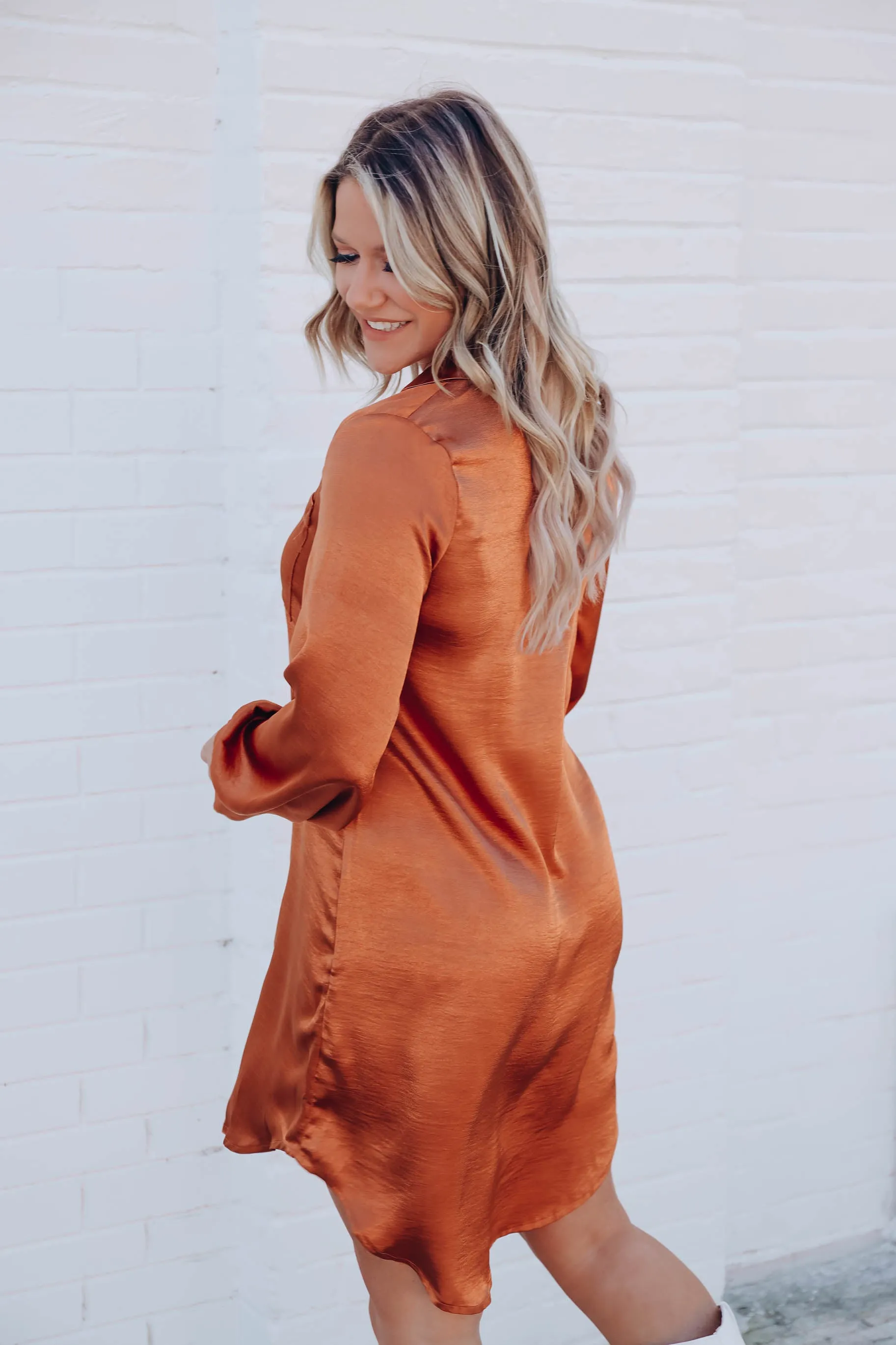 Serenity Satin Shirt Dress - Rust