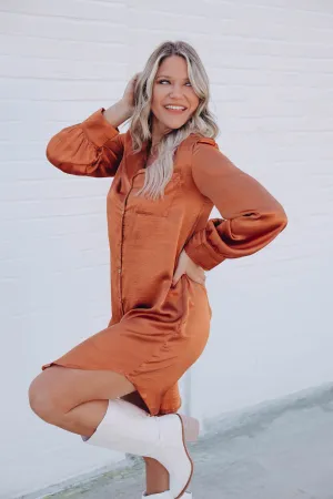 Serenity Satin Shirt Dress - Rust