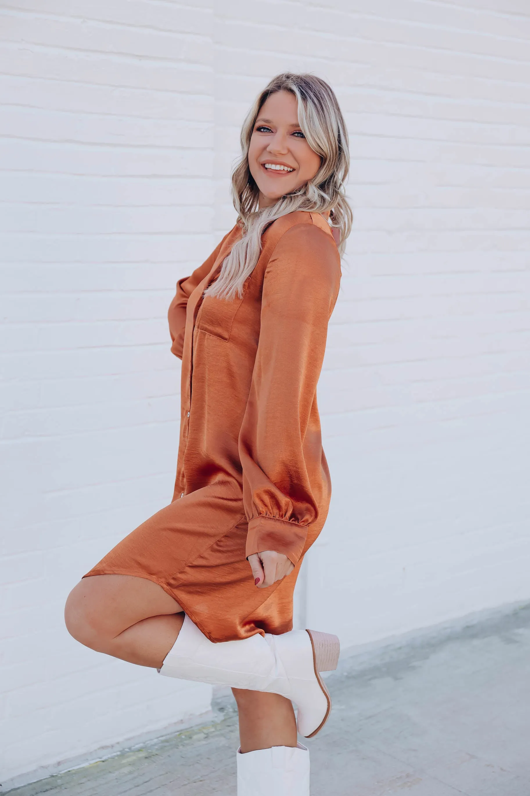 Serenity Satin Shirt Dress - Rust