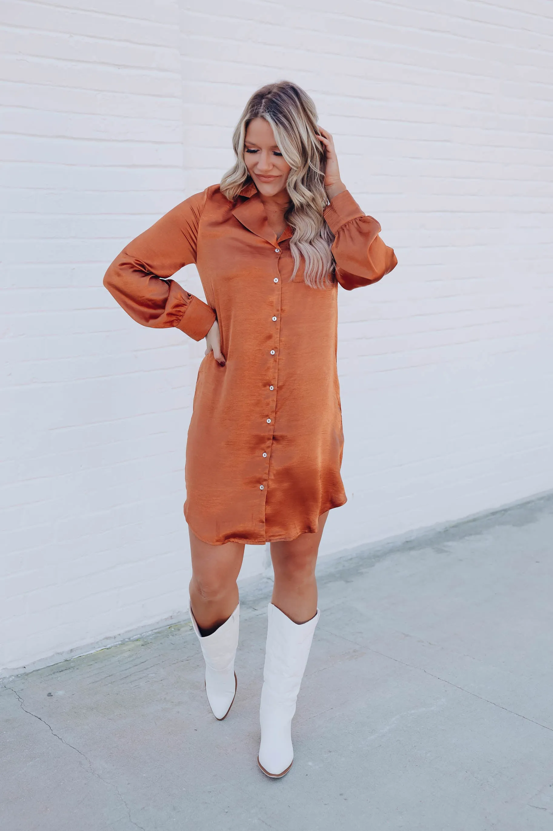 Serenity Satin Shirt Dress - Rust