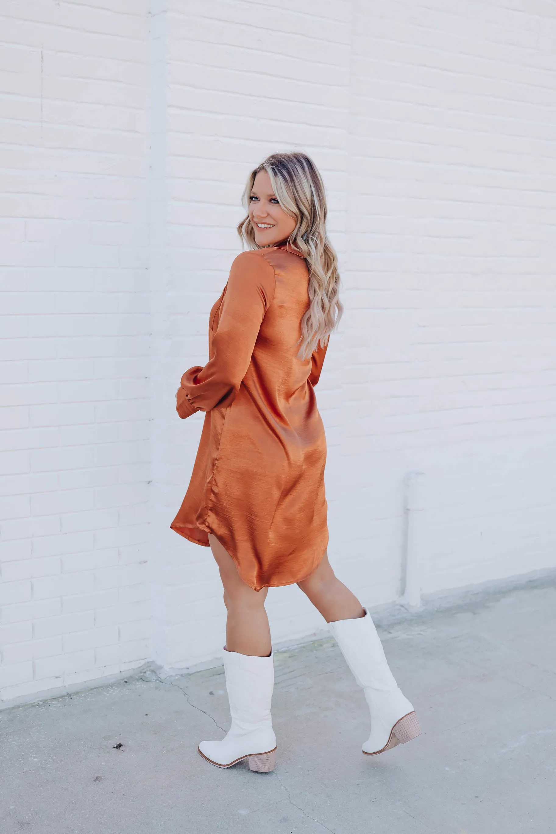 Serenity Satin Shirt Dress - Rust