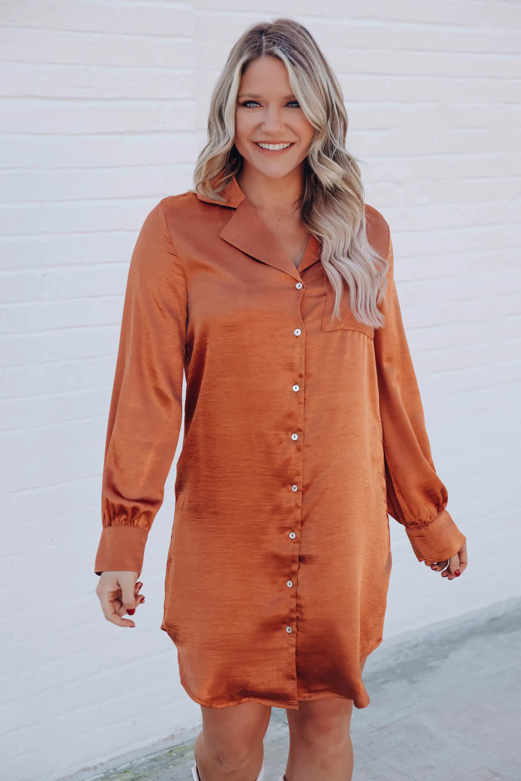 Serenity Satin Shirt Dress - Rust