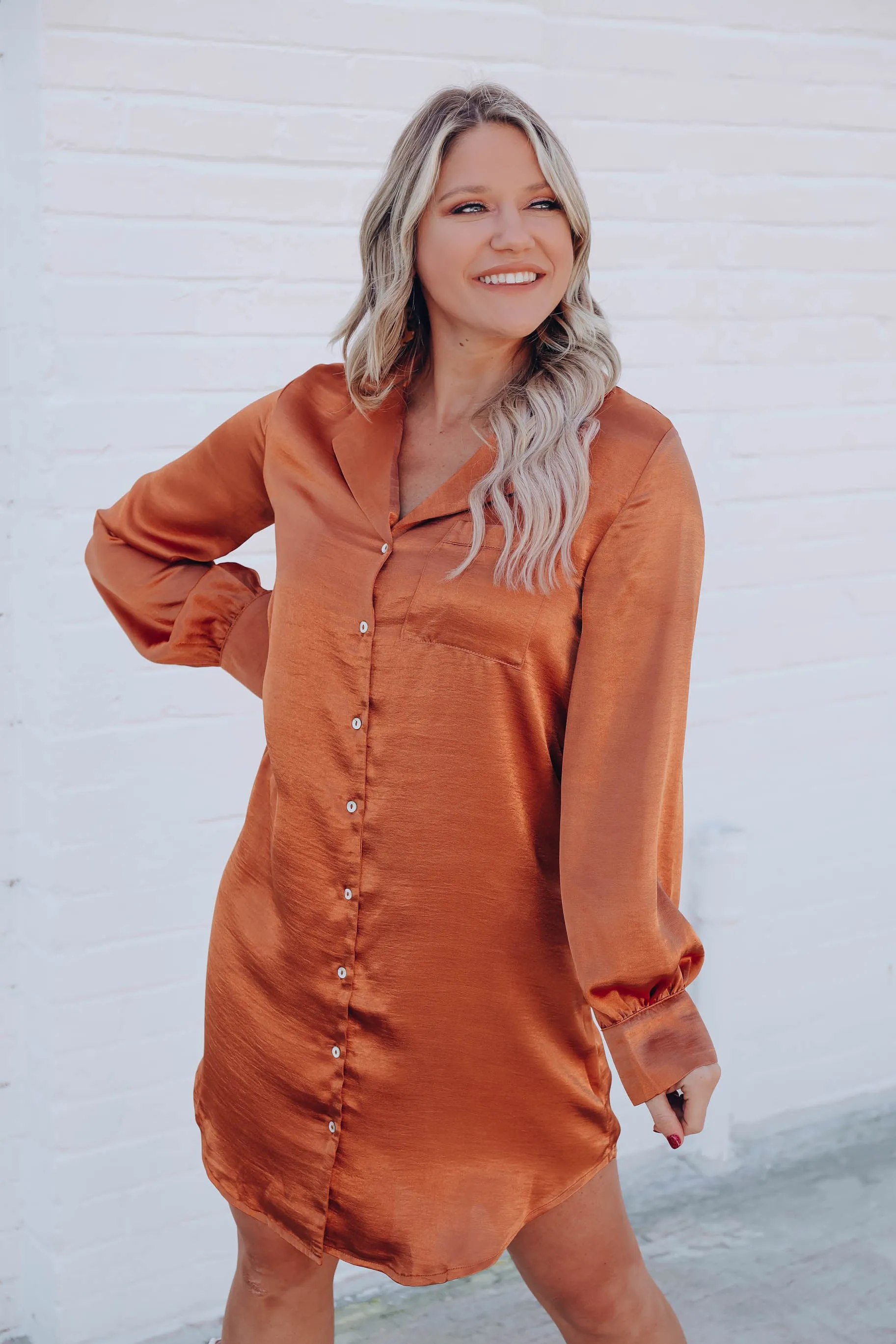 Serenity Satin Shirt Dress - Rust
