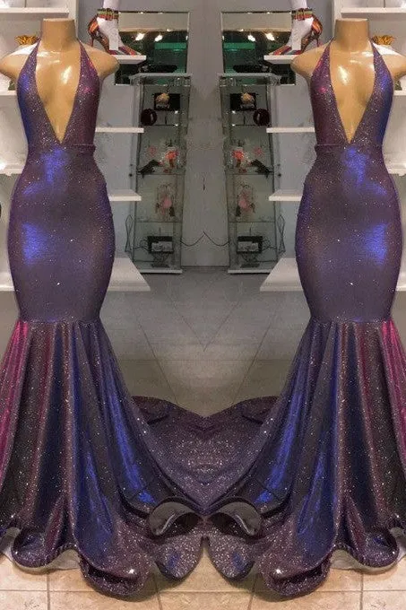 Sexy Deep V-neck Chiffon Mermaid Prom Dress Sequins Long