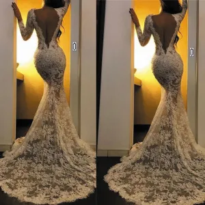 sexy formal dresses 2020 mermaid long sleeve open back lace appliqué off white evening dresses 2021