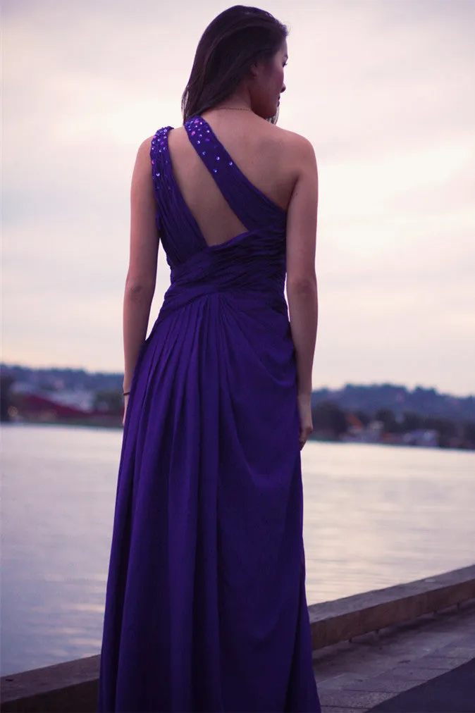 Sheath One-shoulder Sleeveless Floor Length Beaded Chiffon Evening Dress
