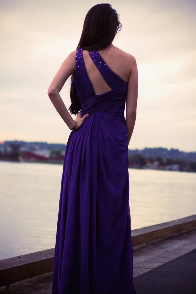Sheath One-shoulder Sleeveless Floor Length Beaded Chiffon Evening Dress