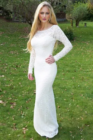 Sheath Round Collar Long Sleeves Backless Floor Length Lace Crochet Flower Evening Dress