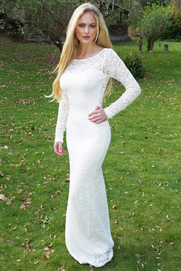 Sheath Round Collar Long Sleeves Backless Floor Length Lace Crochet Flower Evening Dress