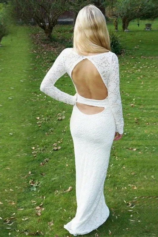 Sheath Round Collar Long Sleeves Backless Floor Length Lace Crochet Flower Evening Dress
