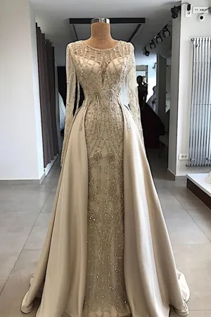Shining Beaded Long Sleevess Round Neck Prom Dresses With Over Skirt A Line Evening Gowns