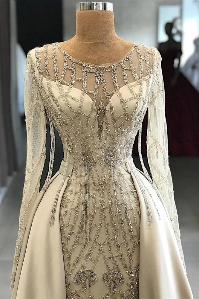 Shining Beaded Long Sleevess Round Neck Prom Dresses With Over Skirt A Line Evening Gowns