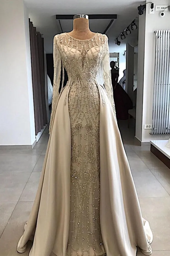 Shining Beaded Long Sleevess Round Neck Prom Dresses With Over Skirt A Line Evening Gowns