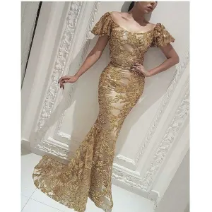 short sleeve gold evening dresses long mermaid sequin appliqué modest elegant evening formal gown
