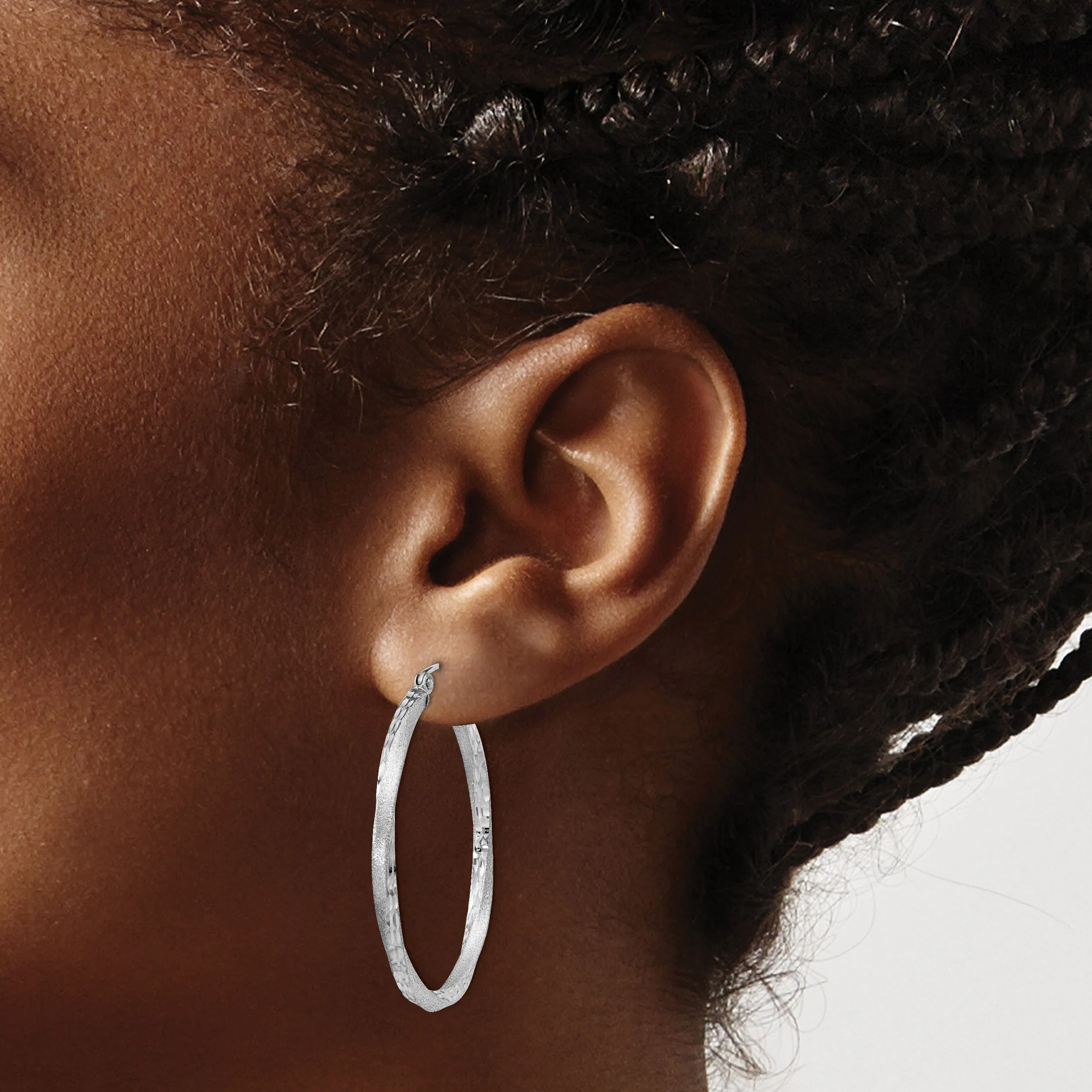 Silver Satin Diamond Cut Twist Hoop Earrings