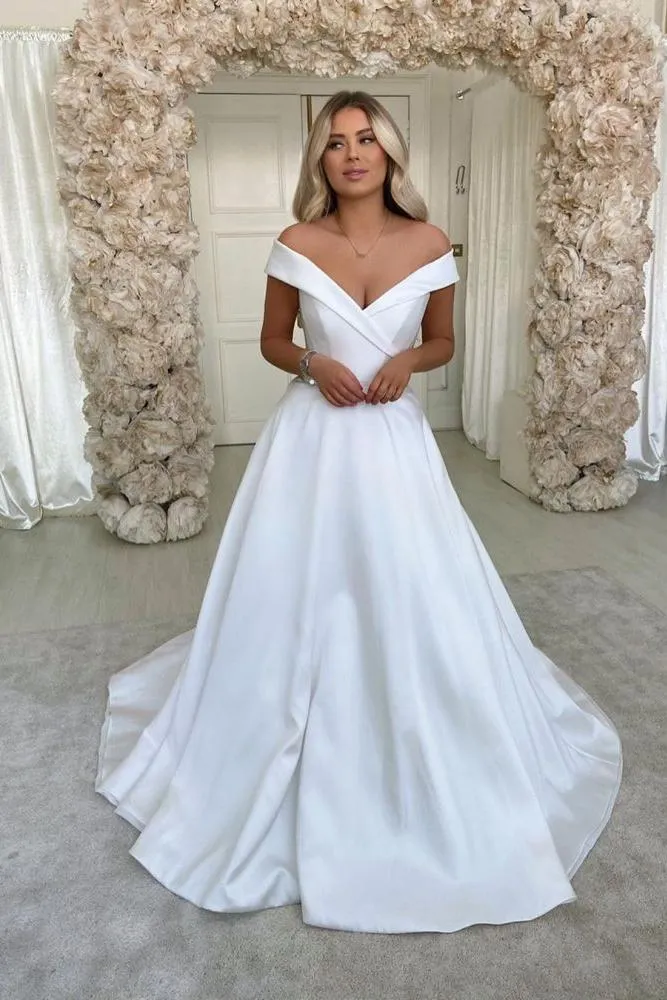 Simple Retro White Off the shoulder A line Bridal Gowns