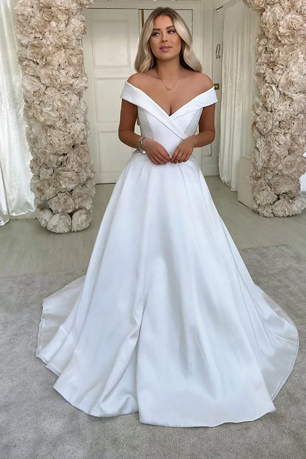 Simple Retro White Off the shoulder A line Bridal Gowns