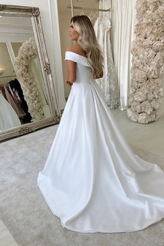 Simple Retro White Off the shoulder A line Bridal Gowns