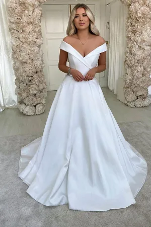 Simple Retro White Off the shoulder A line Bridal Gowns