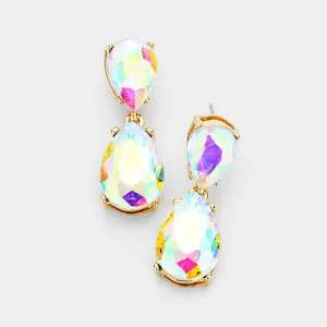 Small AB Crystal Double Teardrop Pageant Earrings on Gold | 398856