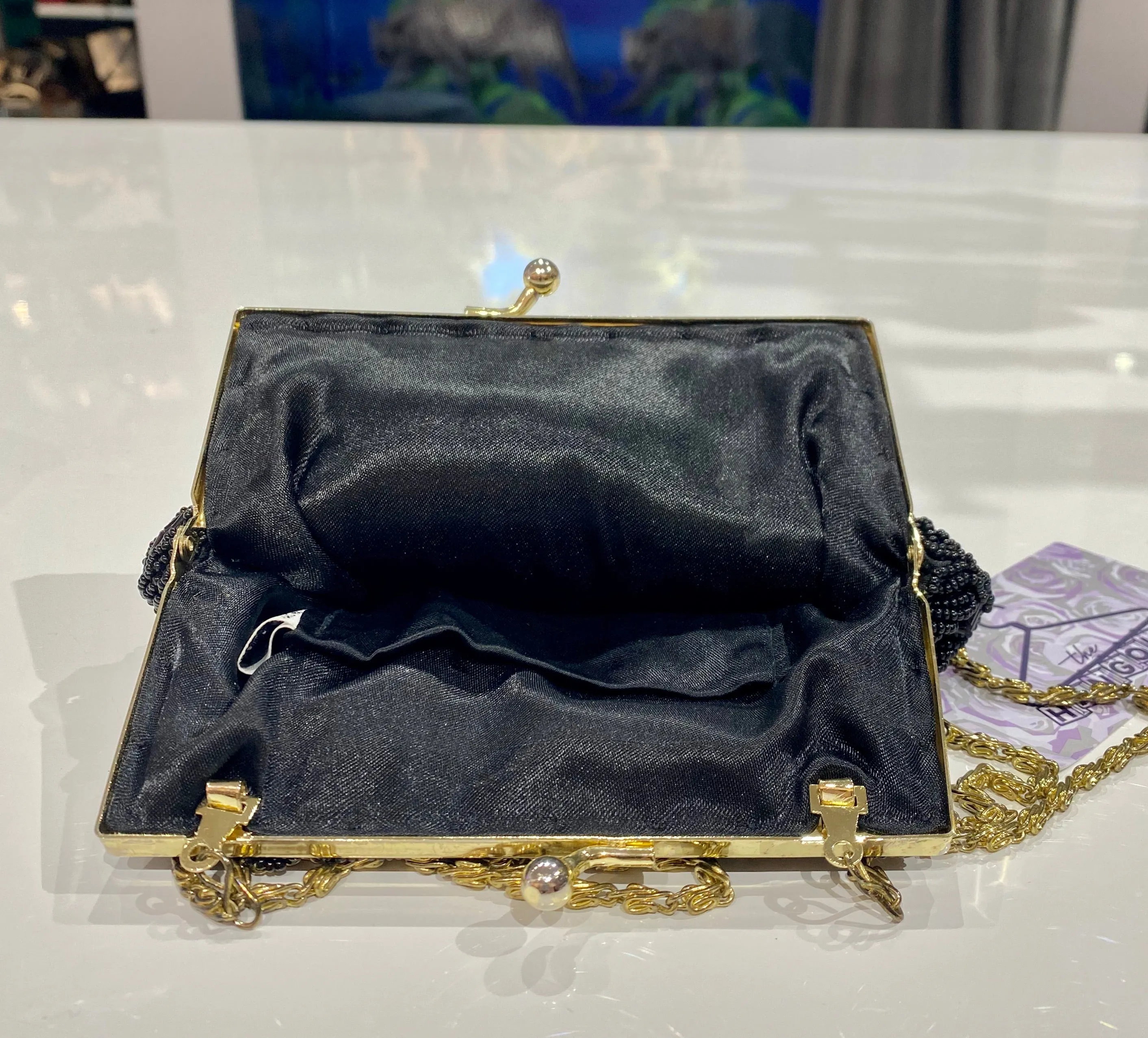 Small Beaded Evening Pouch with Gold Long Chain