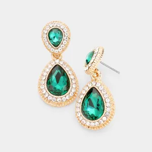 Small Double Teardrop Green Crystal Drop Earrings on Gold |  465045