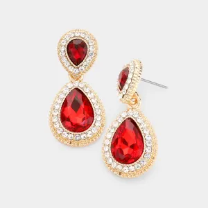 Small Double Teardrop Red Crystal Drop Earrings  |  465047